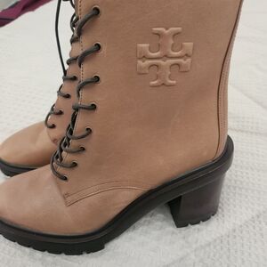 Tory Burch Tan Lace-Up Leather Block Heel Boots